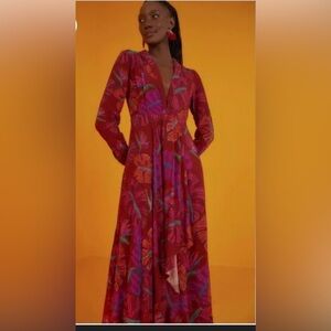 FARM RIO Delicate Leaves Red Maxi Dress